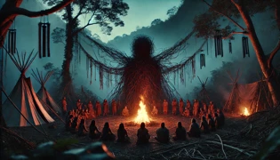 Ancient villagers offering leaf garlands to a wind spirit in the rainforest