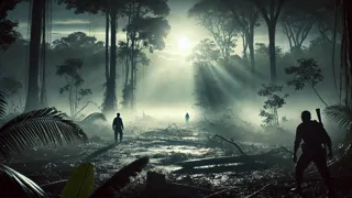 Silhouetted hunters facing off in moonlit clearing