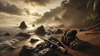 Hunter arriving on a rocky island shore