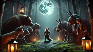 Diversos animais acusando o Reynard em uma clareira sombria na floresta