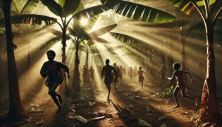 Wind spirit swirling leaves around a group of laughing villagers in a banana grove