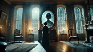Un miroir cassé reflétant un enfant fantomatique dans une pièce éclairée par la lune