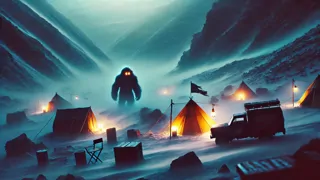 Entdecker durchqueren eine knisternde Gletscherkordel, während das Morgengrauen das schneebedeckte Gebirge erhellt.