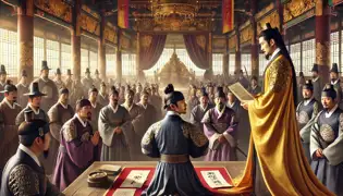 Hong Gildong presents proof of Minister Kim’s treason before the king, while the corrupt minister stands frozen in fear.