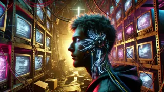 A hacker navigating glowing virtual firewalls in a digital grid