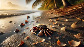 Uma concha vazia e trincada repousa na areia molhada ao lado de fragmentos de conchas quebradas.