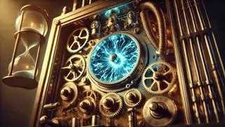 Primer plano de los engranajes de latón de la máquina del tiempo y su núcleo de cristal oscilante que relucen con la suave luz de la lámpara.