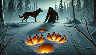 Erik kneels beside glowing hoofprints in the snow while Varg stands beside him, sensing something unseen in the quiet forest.