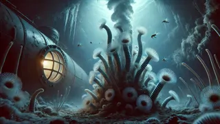 Des cheminées hydrothermales entourées de vers tubulaires luminescents et de crustacés au fond de la mer
