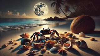 Caranguejo-coco segurando uma concha perlada sob a luz do luar na praia.