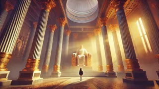 L’adolescent qui pénètre dans une grande salle du trône au sommet du Mont Olympe, la lumière se déversant à travers des fenêtres célestes
