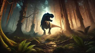 Siluette eines auf Beute lauernden Tyrannosaurus Rex, der durch den Morgennebel in einem urzeitlichen Wald hervorglitt