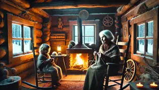 An elderly woman and a young girl sit in a warm wooden cabin, the firelight casting a glow as the woman shares an old legend.