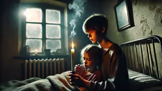 Um jovem segurando uma vela em um quarto pouco iluminado enquanto cuida de sua irmã doente.