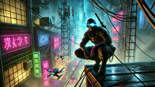Vue depuis le toit des tours de Neo-Edo, un échafaudage entourant la silhouette solitaire d’un shinobi