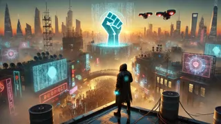 Um hacker solitário de pé no topo de uma torre destruída ao amanhecer, observando uma cidade neon libertada enquanto drones pairam ao redor.