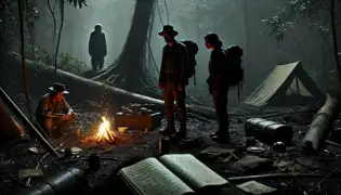  A torn campsite deep in the Ecuadorian jungle, with scattered supplies and a mysterious Cañari elder watching from the shadows.