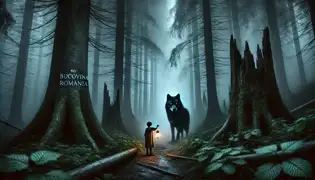 A black wolf with glowing amber eyes stands on a misty forest path in Bucovina, as Andrei cautiously follows with a lantern.