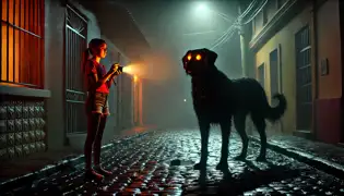 Rosa encounters the Black Dog on a cobblestone street illuminated by flickering lights in Asunción.