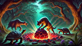 A greedy hyena knocks repeatedly on a glowing magic rock as the ground cracks open beneath him, with a wise tortoise watching nearby.