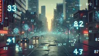 Flickering holographic digits scattered across a ruined cityscape at dusk