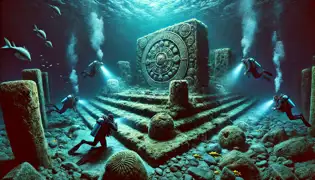 A ceremonial underwater plaza with a grand altar, celestial carvings, and divers exploring the ruins in Lake Issyk-Kul.