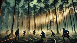 Os mosqueteiros rompem um emboscada do Cardeal na floresta enevoada.