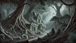 Ruines de pierre envahies par la végétation, à moitié enfouies sous le feuillage de la jungle.