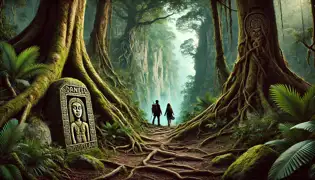 Daniel and Isabela trekking through a dense jungle path with ancient Mayan carvings warning of unseen dangers.