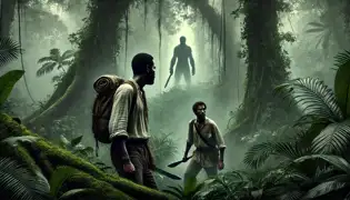 Dr. Elias Mercer and Jules Baptiste walking through the dense, misty rainforest, cautiously moving as unseen eyes watch them.