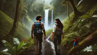 Elena Vasquez and Jared Toussaint hike through a dense rainforest trail toward Trafalgar Falls, surrounded by lush vegetation.