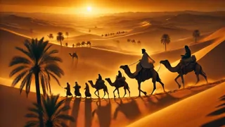 Ma’ruf reitet bei Tagesanbruch auf einem Kamel durch die goldenen Sanddünen Ägyptens, während Freunde ihn begleiten und beraten.