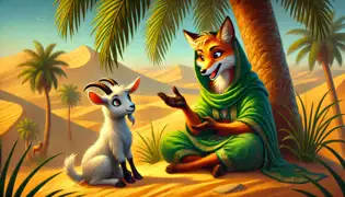 The fox and the goat sit under a palm tree in an oasis, with Dahhak telling stories and Maysar listening eagerly.