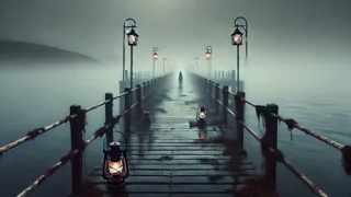 A fog-shrouded pier with broken lanterns and mist rolling in from the Atlantic