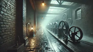 Un couloir d'une ancienne usine abandonnée trempé par la pluie, entouré d'ombres inquiétantes