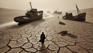 A desolate seabed with rusting ships stranded on cracked earth, a lone figure walking through the remains of a vanished sea.