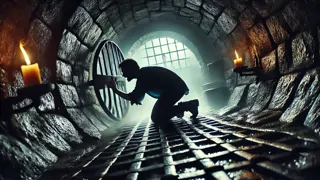 A prisoner squeezing through a hidden grate in a stone wall, lit by a single torch