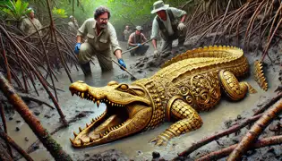  A golden crocodile idol being unearthed from the muddy shore of Zapata Swamp by a biologist, with others looking on in awe.