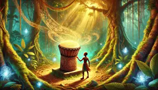 Ebele reaching out to the Magic Drum in a glowing grove, surrounded by ancestral spirits and golden light.