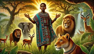 Young Chaminuka in traditional Shona attire, standing with wild animals in a golden savannah, exuding calm and power.