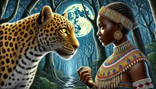 Liyana confronts a leopard in a moonlit forest, holding a charm as the leopard’s golden eyes meet hers.