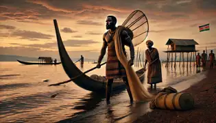 Juma, a determined fisherman, stands on the shore of Lake Victoria at dawn, preparing his boat while his worried wife Achieng’ watches.