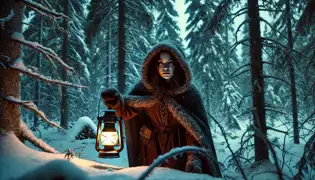 Leena, cloaked in fur, walks through a snowy forest at dusk, holding a lantern as unseen eyes watch from the shadows.