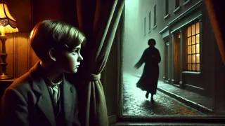 A young boy peering from behind a curtain, watching a girl on a misty Dublin street.