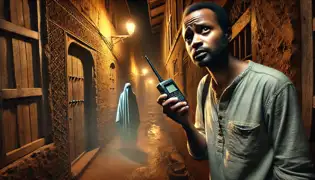 Hassan Noor stands in a dimly lit Mombasa alley, holding a tape recorder, listening for ghostly drumming.