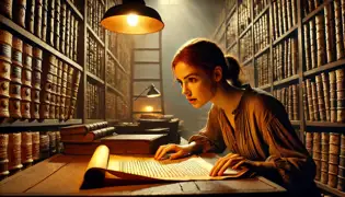 A dimly lit archive room where Lena Bergmann unfolds an ancient manuscript, her face illuminated by the glow of a desk lamp.