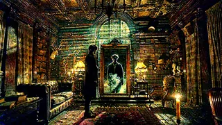 In a shadowy mansion library, Spencer sees a ghostly version of himself in the mirror.
