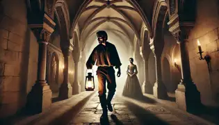 A dimly lit corridor inside Buda Castle, where Erik Kovács walks with a lantern, observed by a faint ghostly figure in the darkness.