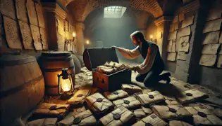 Daniel Vos opens an ancient wooden chest in a hidden chamber, revealing dust-covered letters sealed with Lady Elise’s emblem.