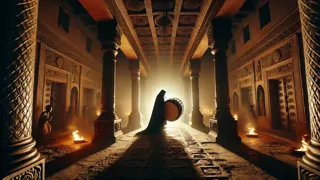 A shadowy figure slipping the drum away from the palace vault under torchlight